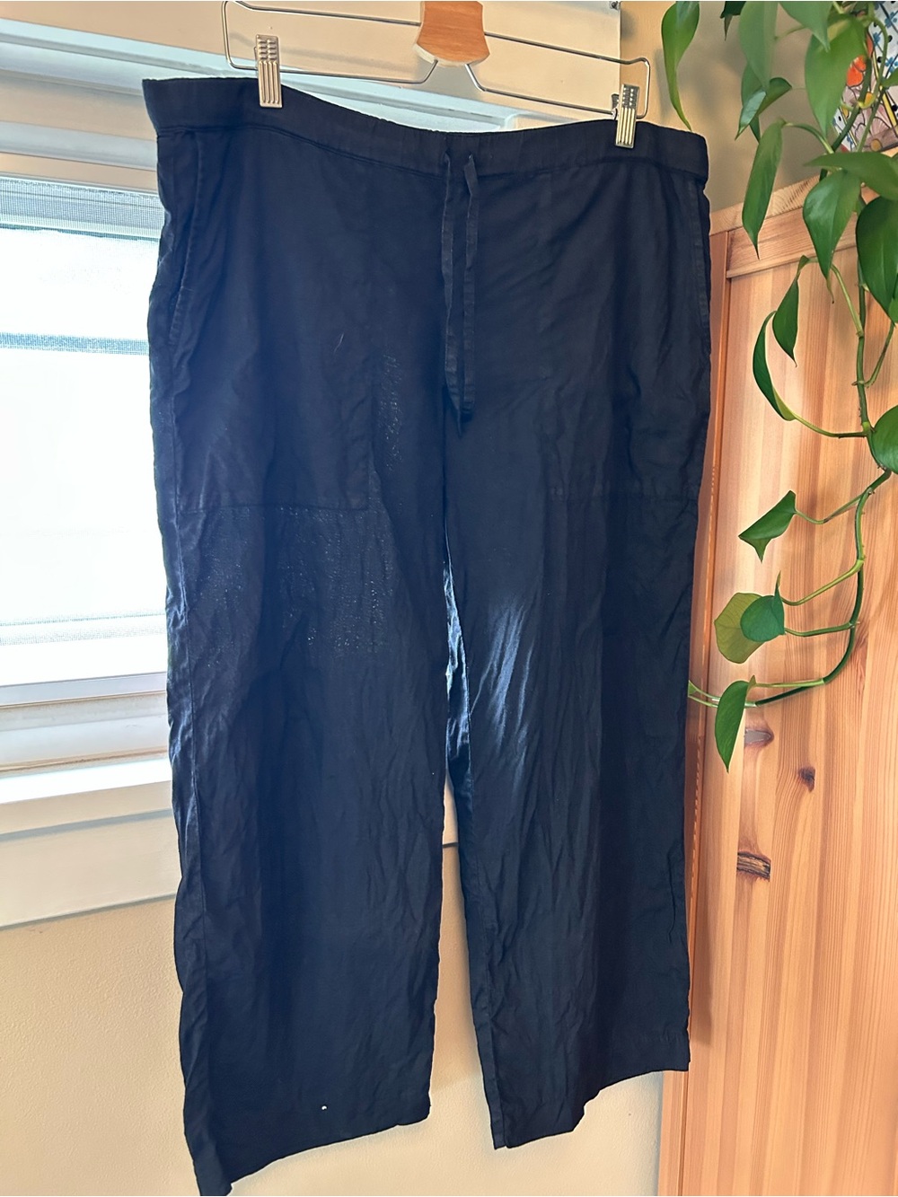 120% Lino Pants Womens Sz XL 48 Black Wide Leg Ankle Linen Pull On Made In Italy